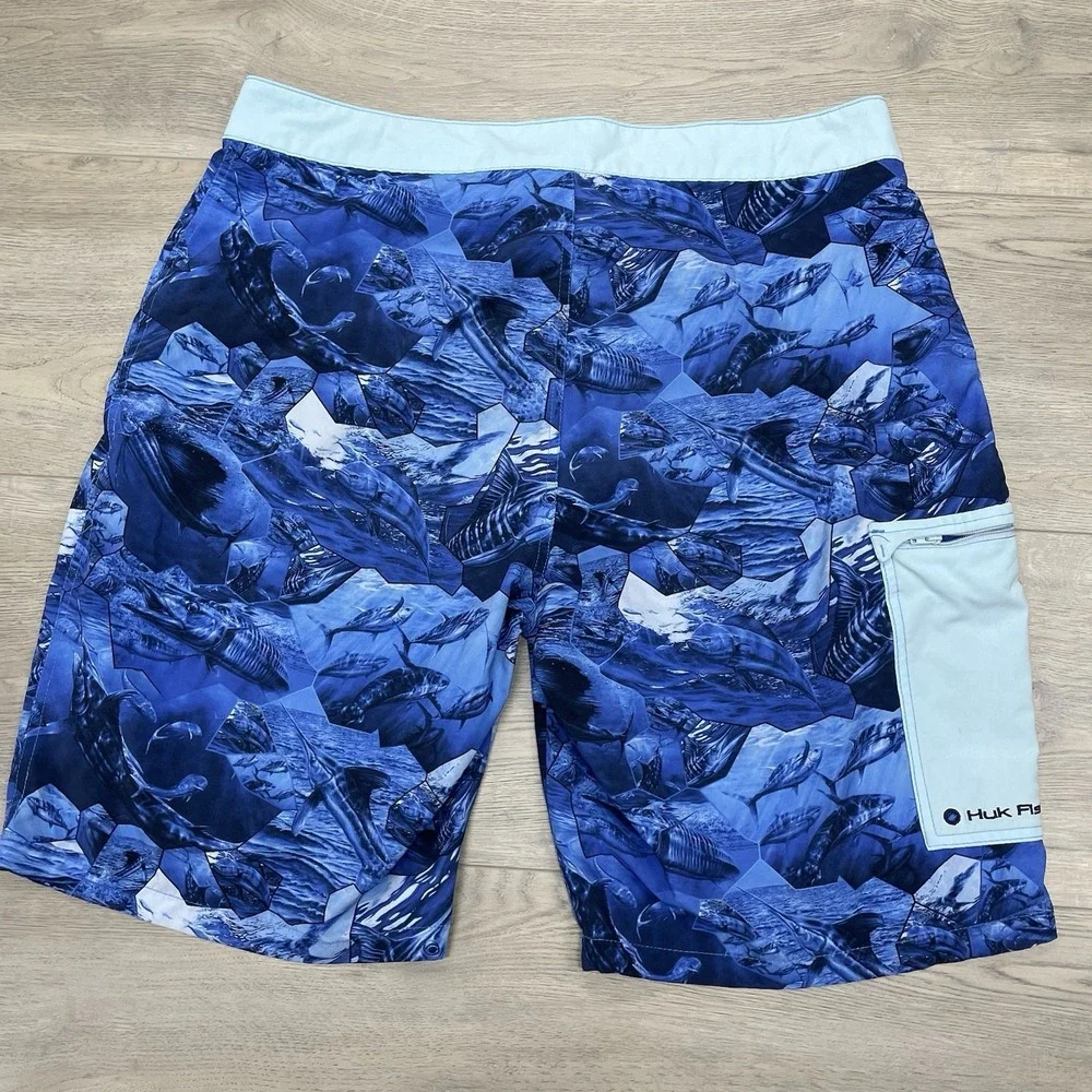 Huk Fishing Blue Board Short Swim Trunks Men's Sz 38 Sailfish Boat Ocean